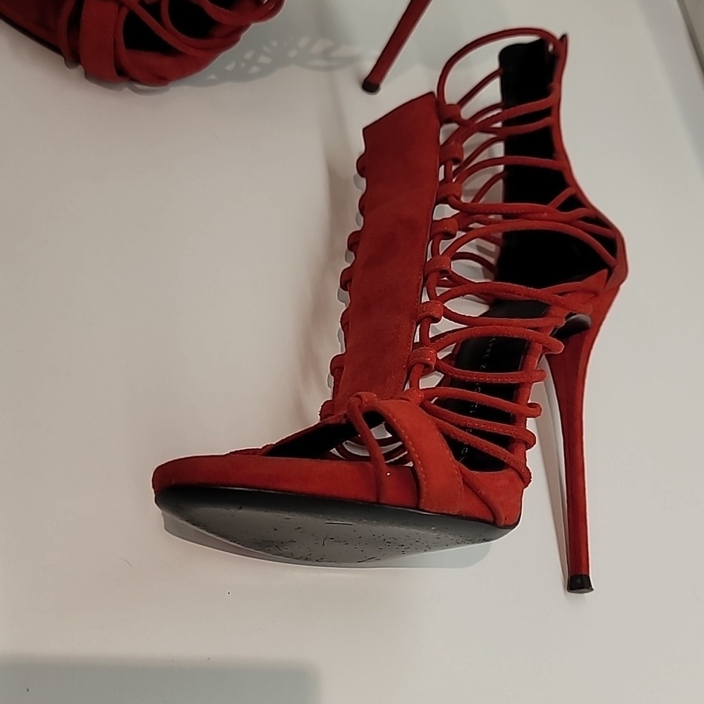 Giuseppe Zanotti Red Strappy Suede Stiletto Heels - Picture 8 of 14